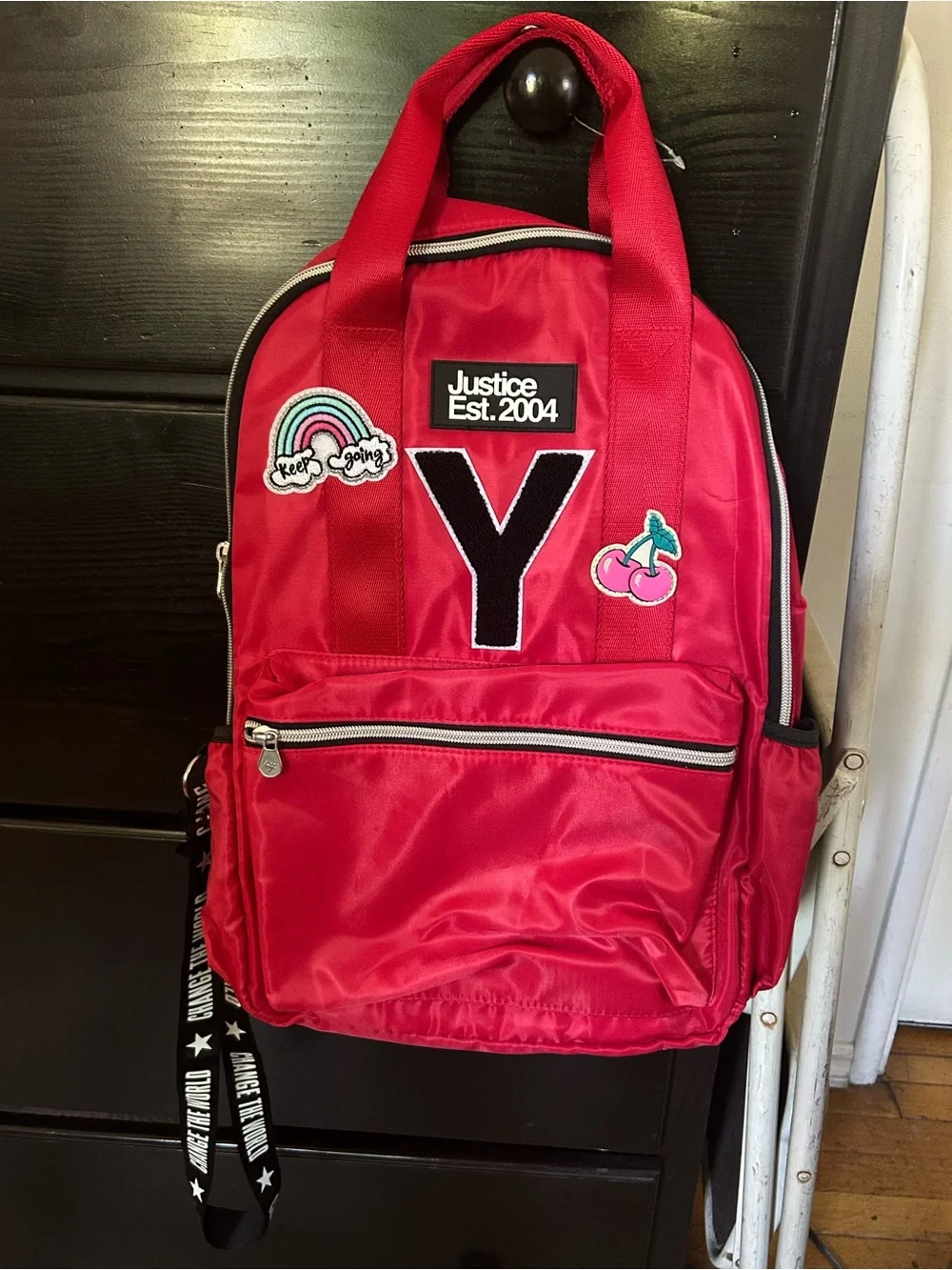 Justice Red Patch Backpack with Y and Cherry Patches